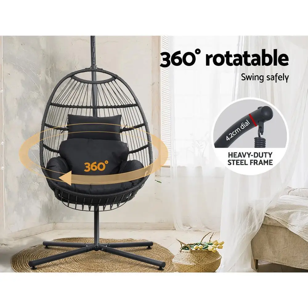 Outdoor Egg Swing Chair Hanging Wicker Rope Pod Stand Foldable Grey Patio Garden Lounge Seat