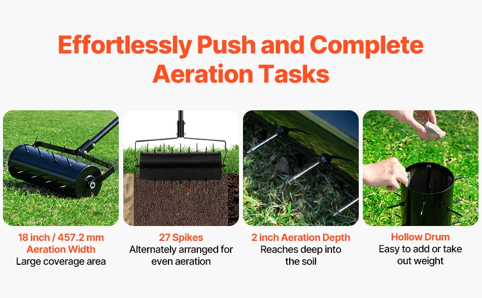 VEVOR Rolling Lawn Aerator 18in HeavyDuty Manual Lawn w/Detachable Handle 27Iron Spikes Rolling Lawn Aeration Tool for Garden