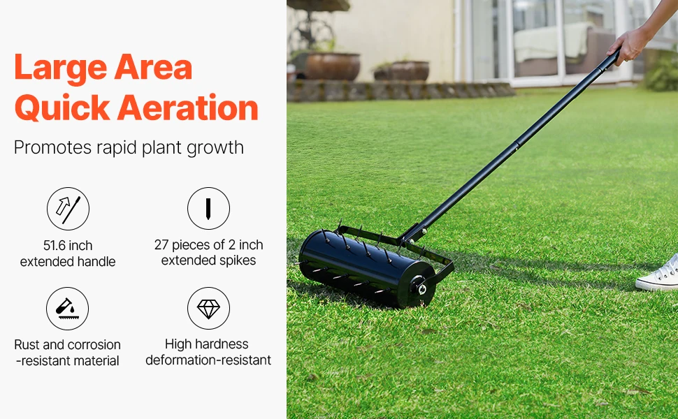VEVOR Rolling Lawn Aerator 18in HeavyDuty Manual Lawn w/Detachable Handle 27Iron Spikes Rolling Lawn Aeration Tool for Garden