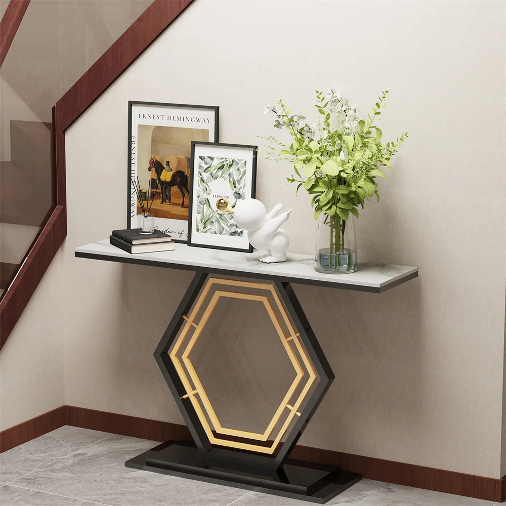 120cm Modern Console Entry Table Geometric Base Sintered Stone Top Long Accent Table for Hallway Foyer Decor Storage