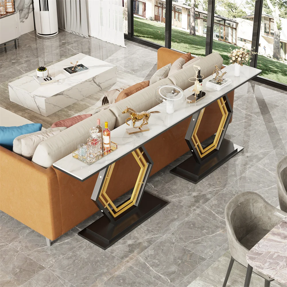 120cm Modern Console Entry Table Geometric Base Sintered Stone Top Long Accent Table for Hallway Foyer Decor Storage