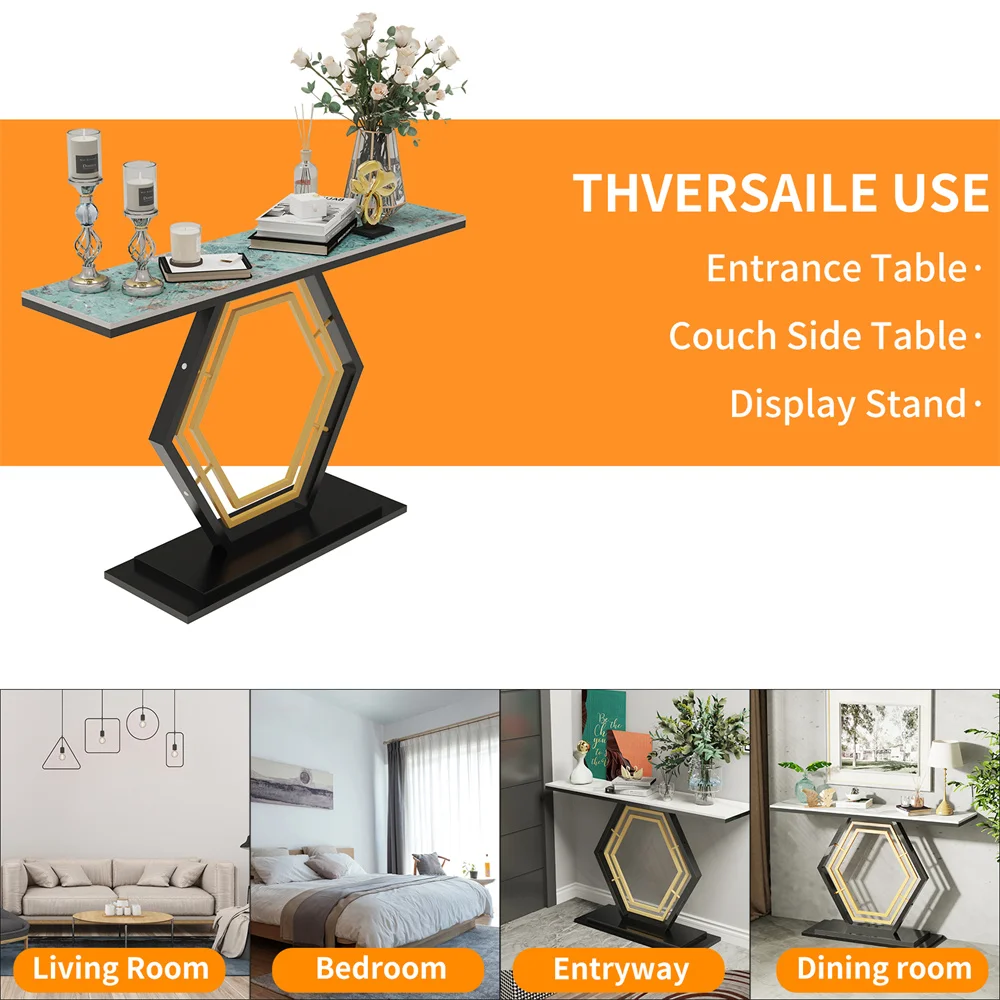 120cm Modern Console Entry Table Geometric Base Sintered Stone Top Long Accent Table for Hallway Foyer Decor Storage