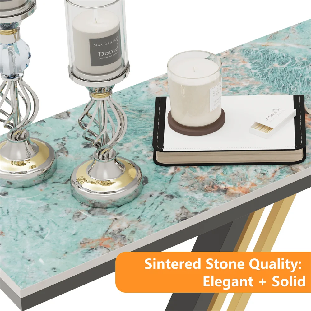120cm Modern Console Entry Table Geometric Base Sintered Stone Top Long Accent Table for Hallway Foyer Decor Storage