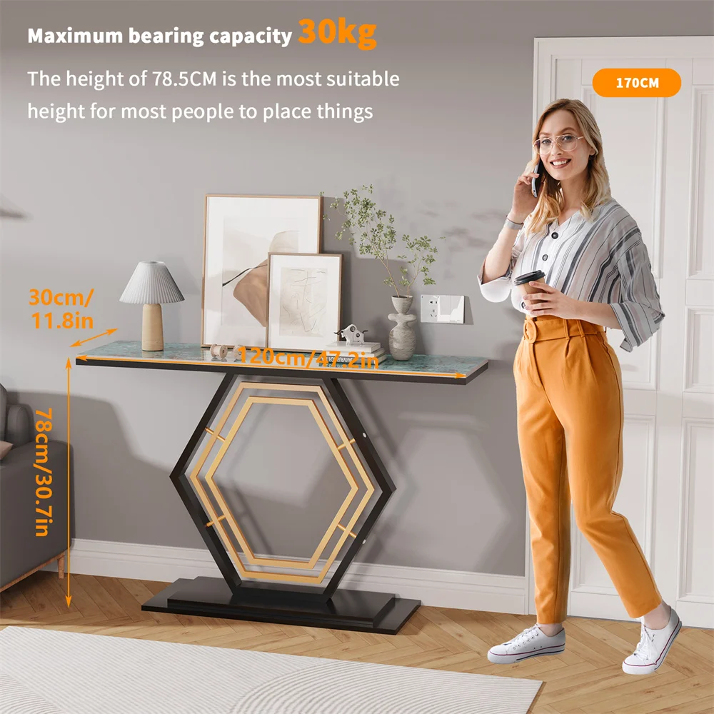 120cm Modern Console Entry Table Geometric Base Sintered Stone Top Long Accent Table for Hallway Foyer Decor Storage