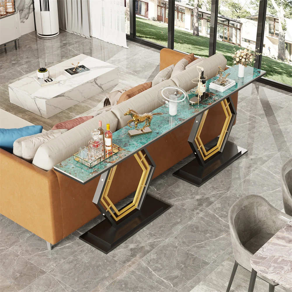 120cm Modern Console Entry Table Geometric Base Sintered Stone Top Long Accent Table for Hallway Foyer Decor Storage