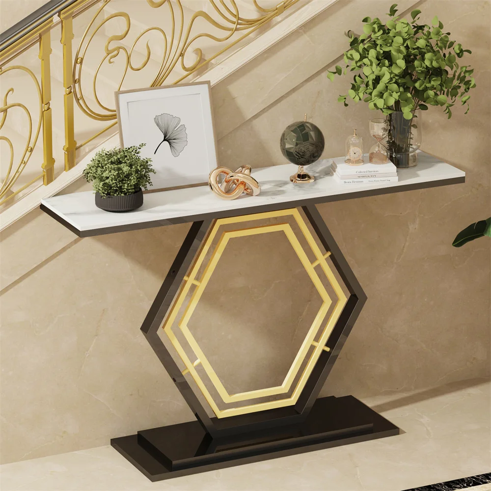 120cm Modern Console Entry Table Geometric Base Sintered Stone Top Long Accent Table for Hallway Foyer Decor Storage