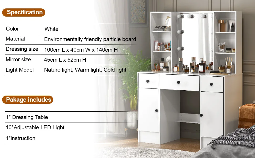 LED Vanity Desk Set with Mirror & Stool, 3 Drawers Dressing Table Makeup Station, Large Cosmetic Organizer with Lights for Bedroom, Easy Assembly