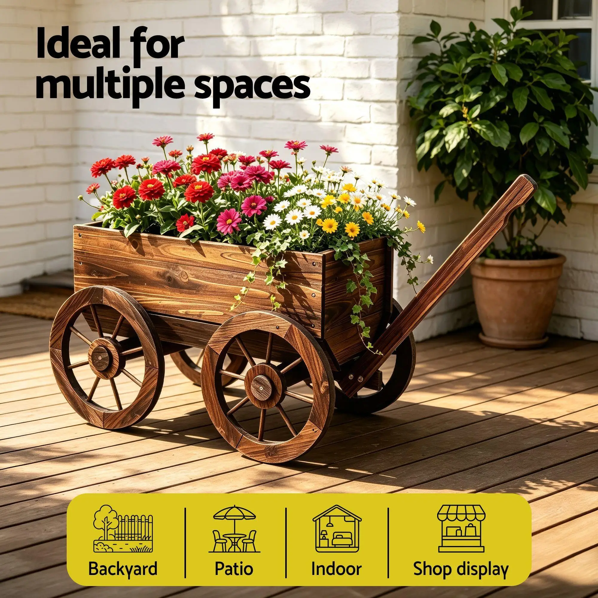 Wooden Planter Cart Garden Plant Stand Fir Wood Flower Wagon with Wheels XL Outdoor Decor Storage Display Rack