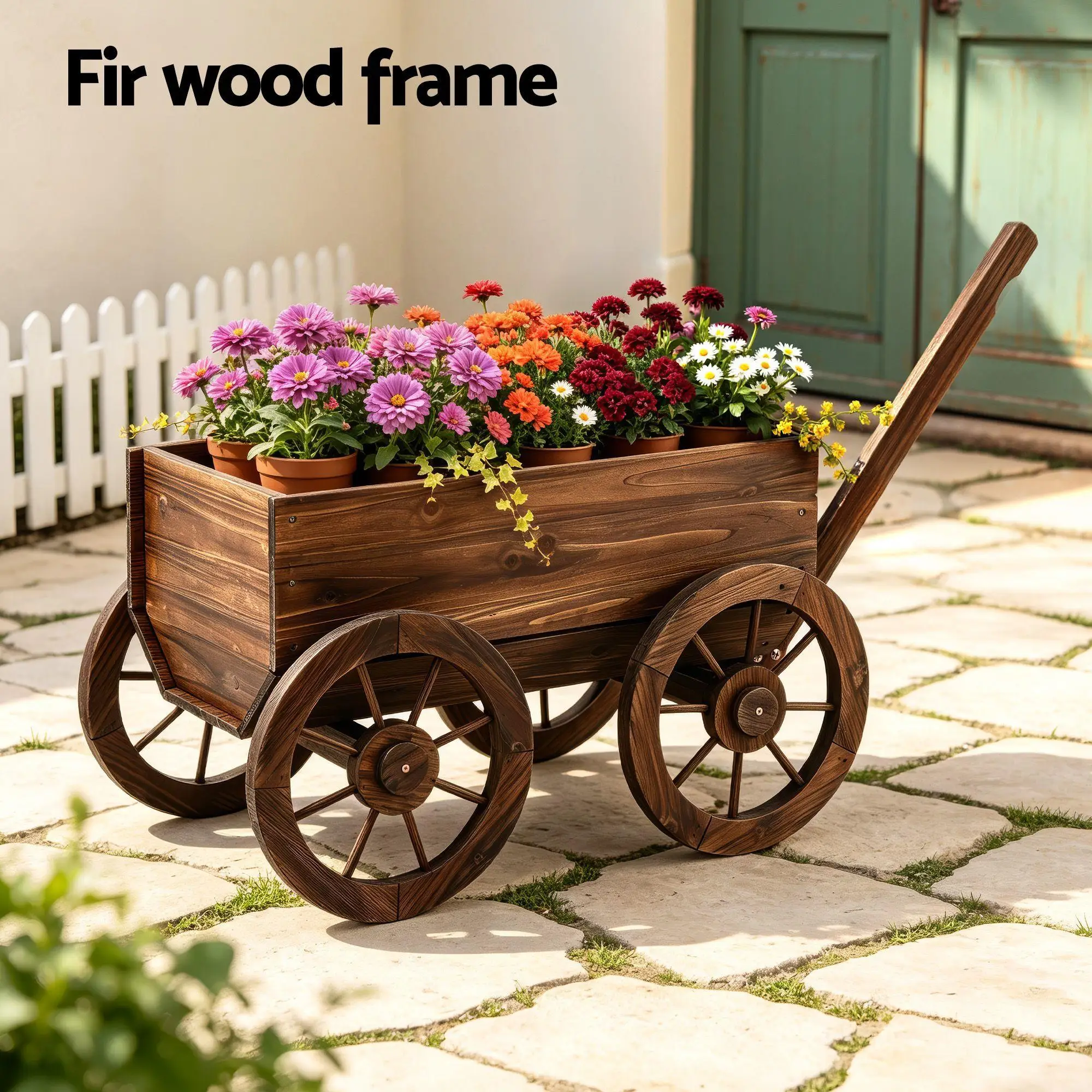 Wooden Planter Cart Garden Plant Stand Fir Wood Flower Wagon with Wheels XL Outdoor Decor Storage Display Rack