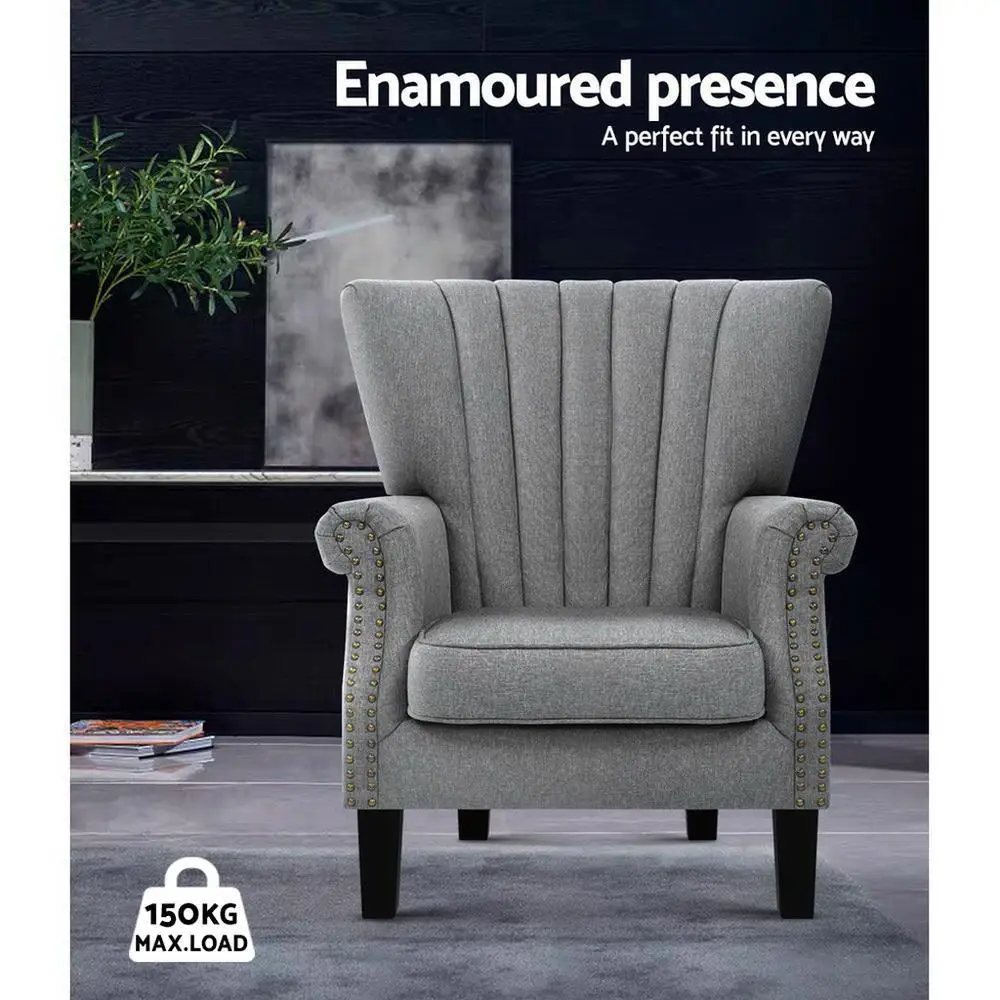 Armchair Wingback Grey Upholstered Accent Chair Modern Comfortable Fabric Living Room Bedroom Reading Chair Home Furniture