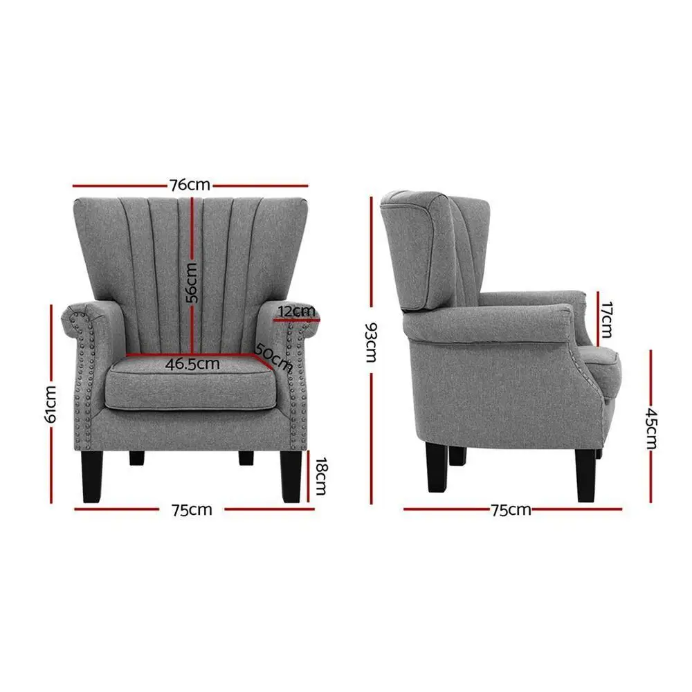 Armchair Wingback Grey Upholstered Accent Chair Modern Comfortable Fabric Living Room Bedroom Reading Chair Home Furniture