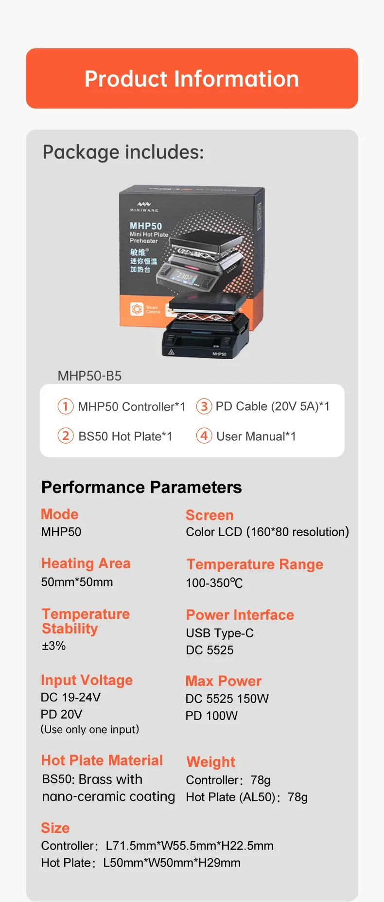 MINIWARE Offcial MHP50 Mini Hot Plate Preheater 50*50mm Heating Area Constant Temperature Heating Table 350℃ DIY Heating Tool