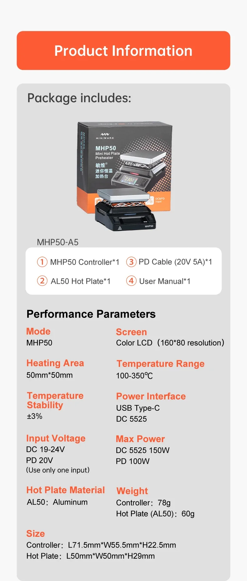 MINIWARE Offcial MHP50 Mini Hot Plate Preheater 50*50mm Heating Area Constant Temperature Heating Table 350℃ DIY Heating Tool