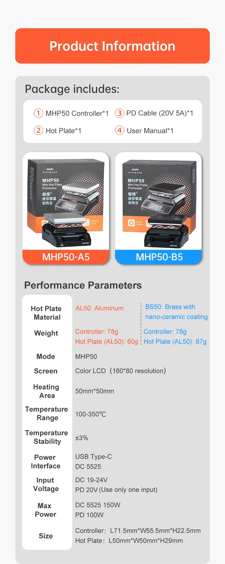 MINIWARE Offcial MHP50 Mini Hot Plate Preheater 50*50mm Heating Area Constant Temperature Heating Table 350℃ DIY Heating Tool