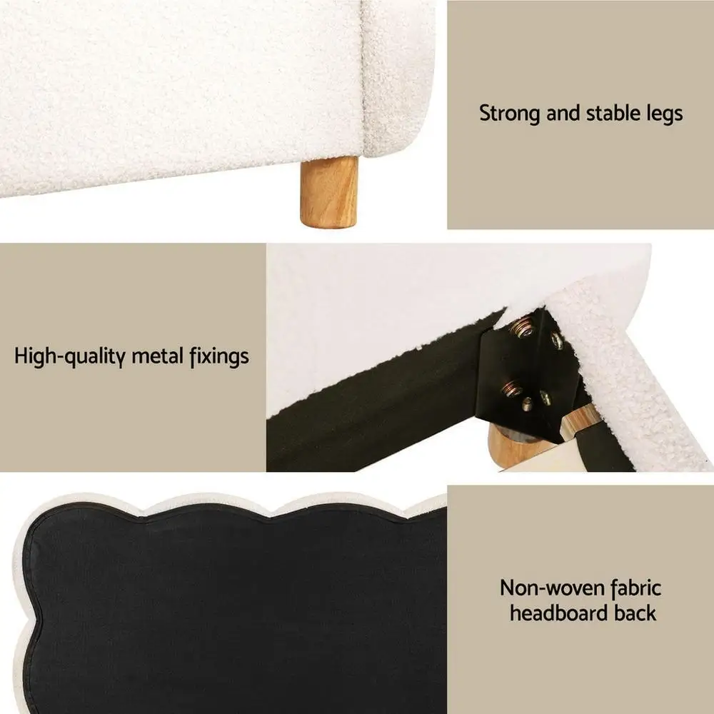 Queen Size Cloud Headboard Boucle Fabric Bed Frame White Platform Base Mattress Support Modern Bedroom Furniture