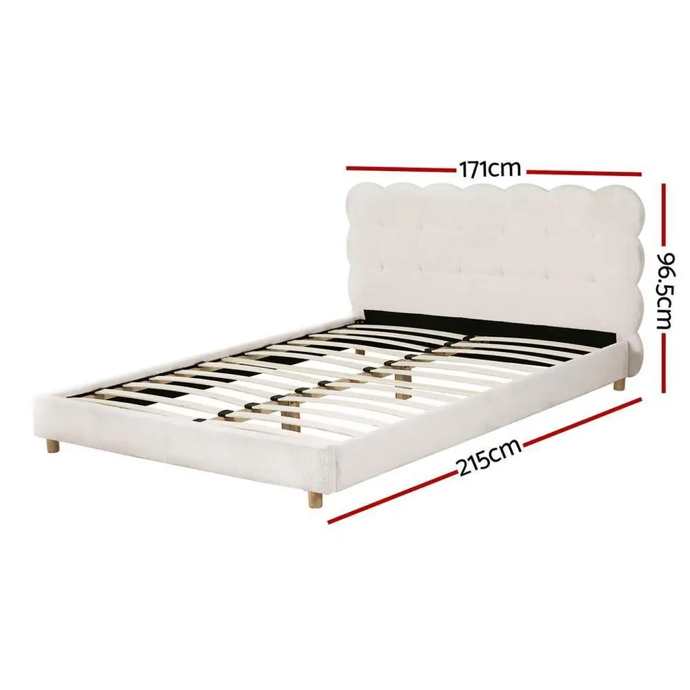 Queen Size Cloud Headboard Boucle Fabric Bed Frame White Platform Base Mattress Support Modern Bedroom Furniture