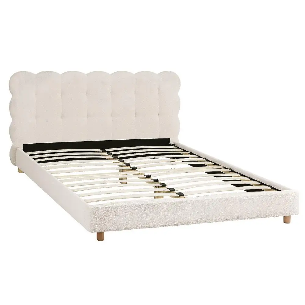 Queen Size Cloud Headboard Boucle Fabric Bed Frame White Platform Base Mattress Support Modern Bedroom Furniture