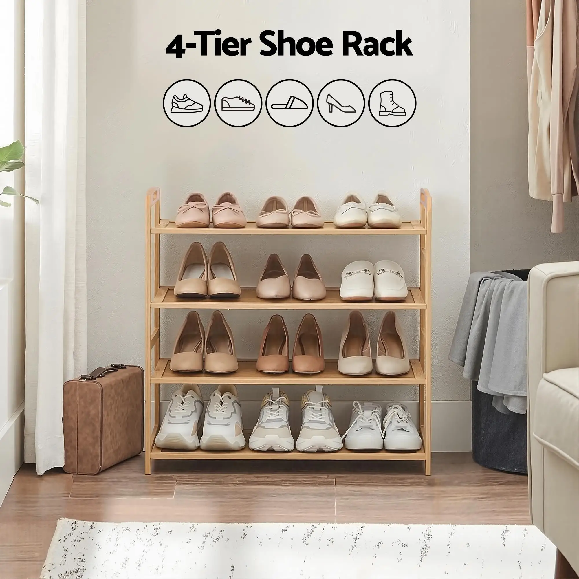 4 Tier Bamboo Shoe Rack Storage Organiser Pine Finish