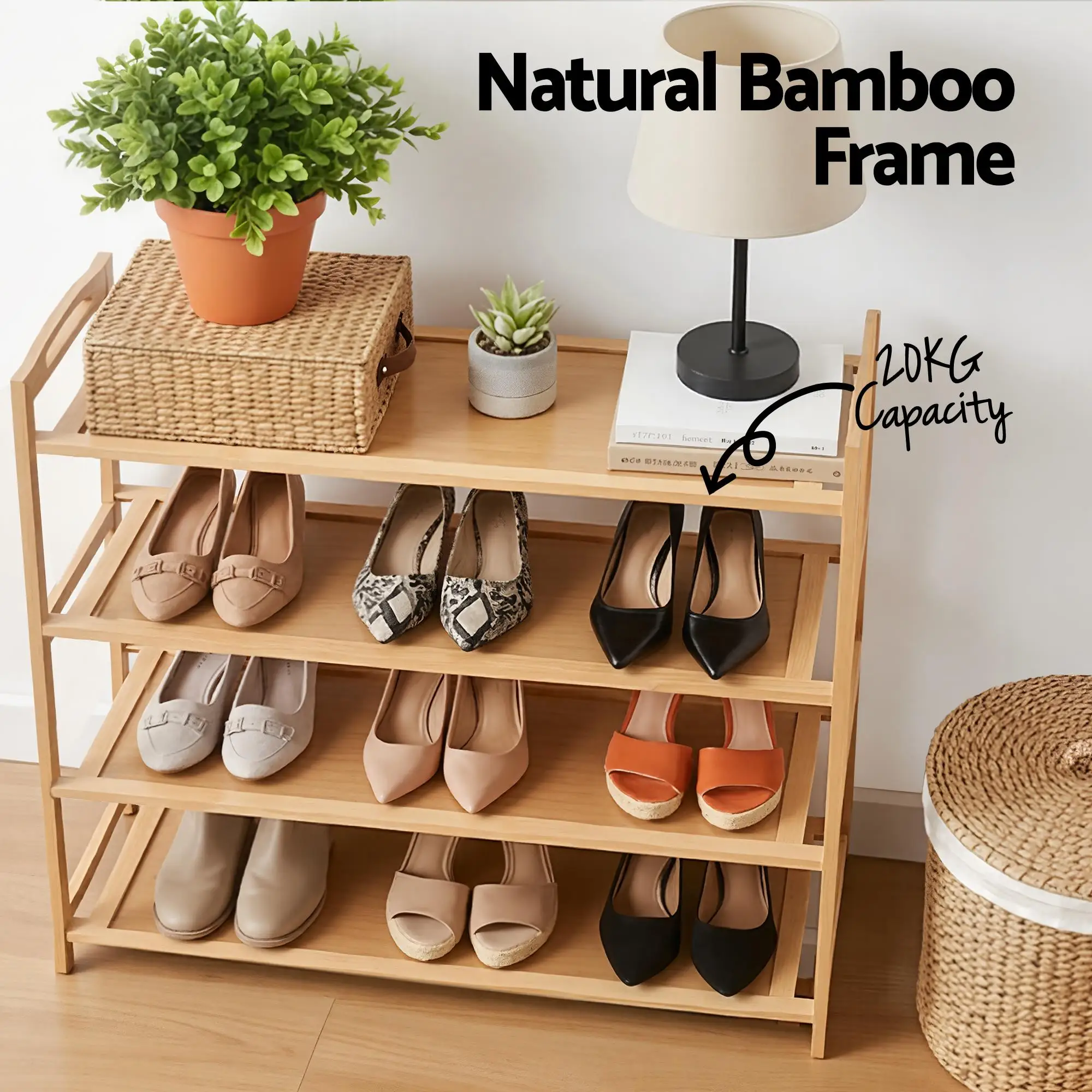 4 Tier Bamboo Shoe Rack Storage Organiser Pine Finish