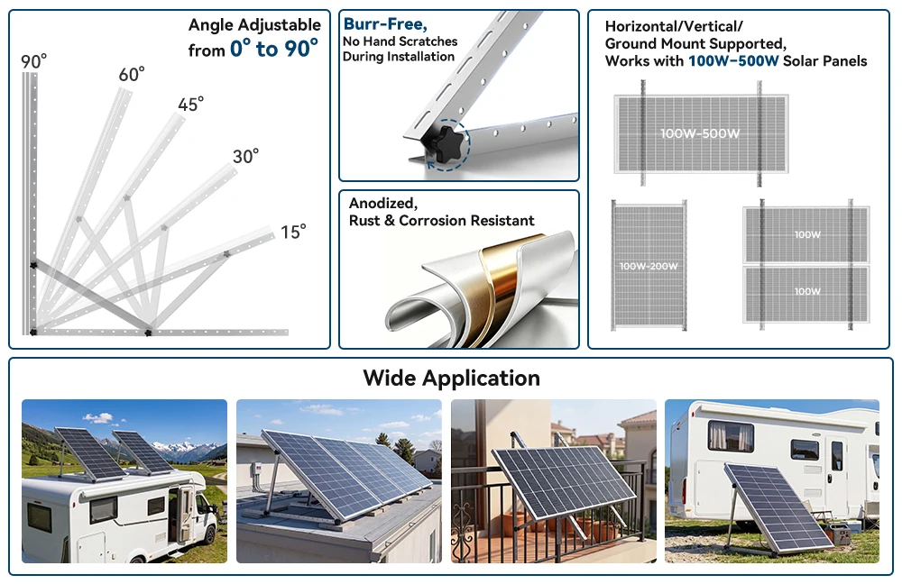 RVPOZWER 4PCS Solar Panel Bracket 45 Inch Adjustable Foldable Tilt Leg Mount Stand Heavy Duty Support Frame for Off-Grid System RV Camper Trailer Boat Home Rooftop Outdoor Solar Panel Installation