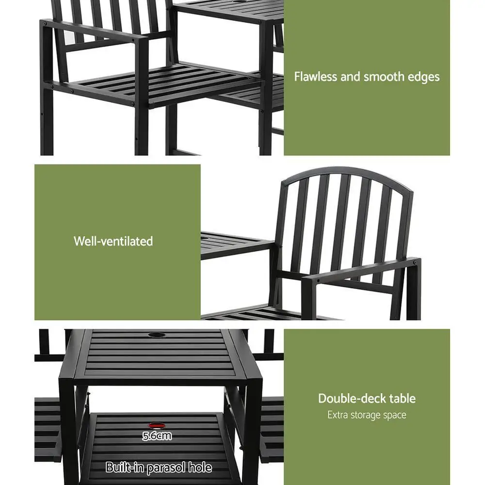 Outdoor Garden Bench Loveseat Steel Frame Patio Seating Set Black Outdoor Furniture