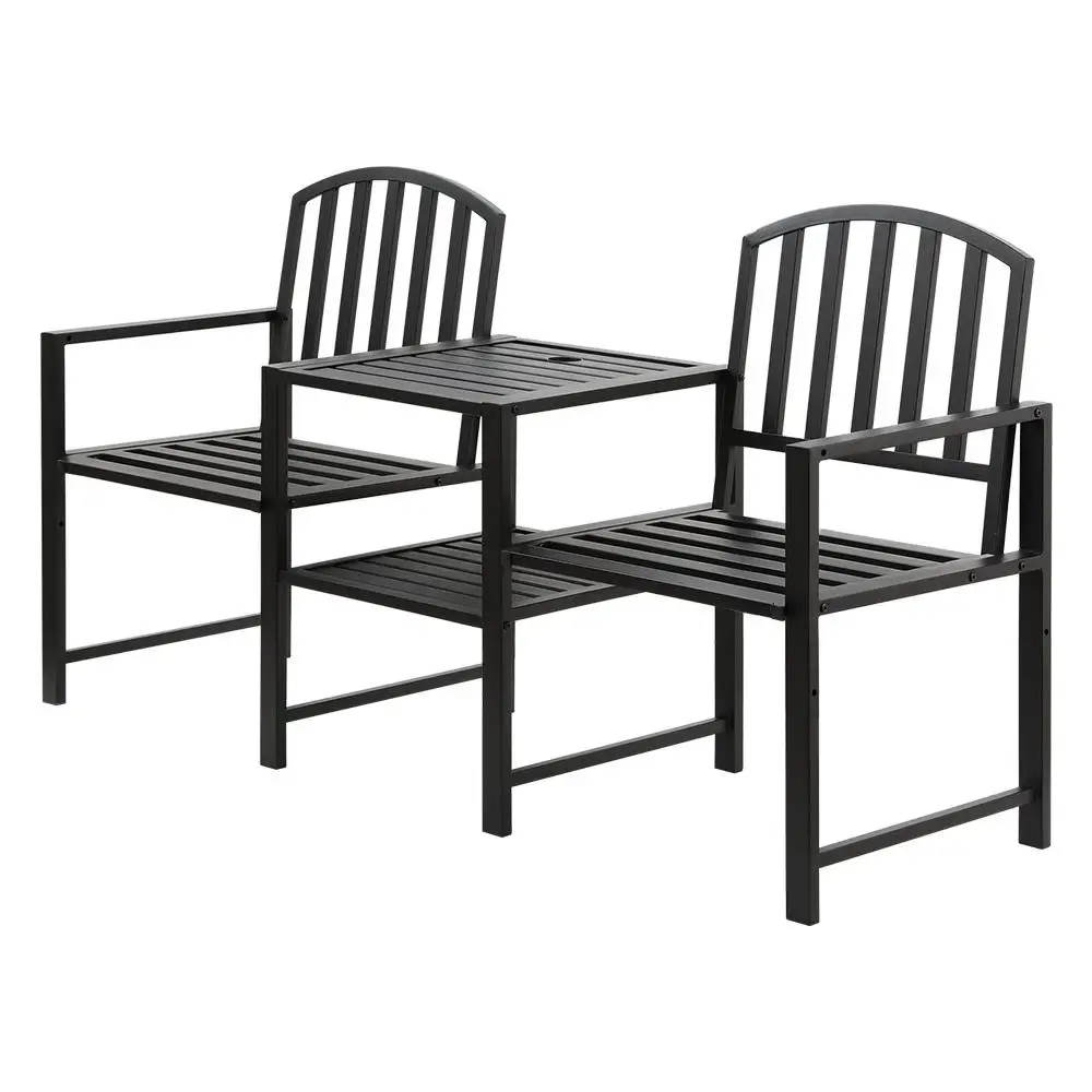 Outdoor Garden Bench Loveseat Steel Frame Patio Seating Set Black Outdoor Furniture