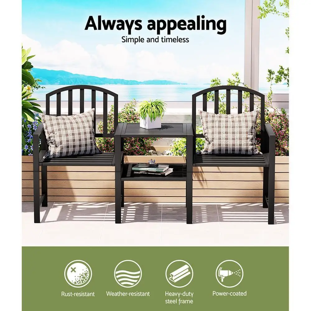 Outdoor Garden Bench Loveseat Steel Frame Patio Seating Set Black Outdoor Furniture