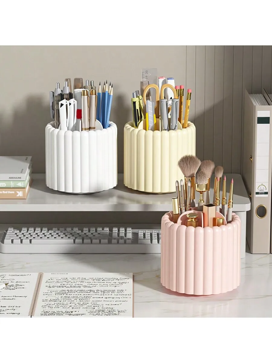 1pc 360° Rotating Makeup Brush Desktop Organizer, Large Capacity Cosmetic Storage Box For Dressing Table Student Pen