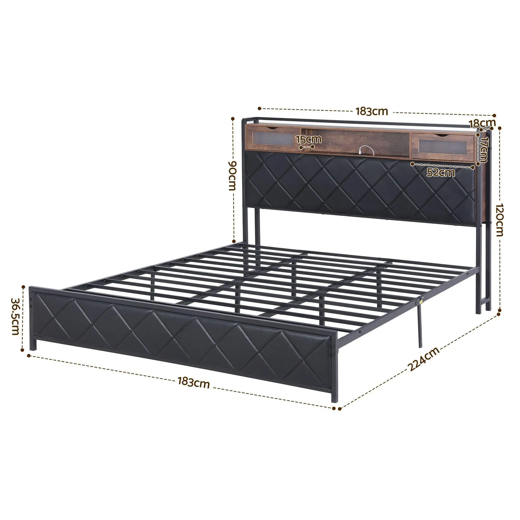 King Bed Frame with LED Lights Storage Headboard and Charging Station Modern Upholstered Platform Bed Frame for Bedroom with Strong Support and Easy Assembly