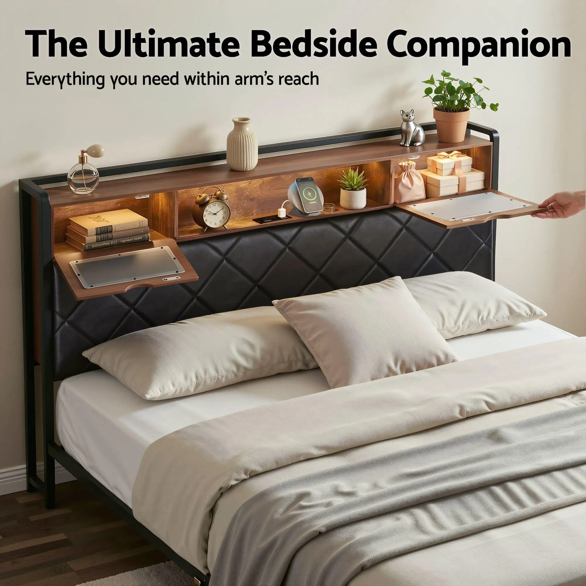 King Bed Frame with LED Lights Storage Headboard and Charging Station Modern Upholstered Platform Bed Frame for Bedroom with Strong Support and Easy Assembly