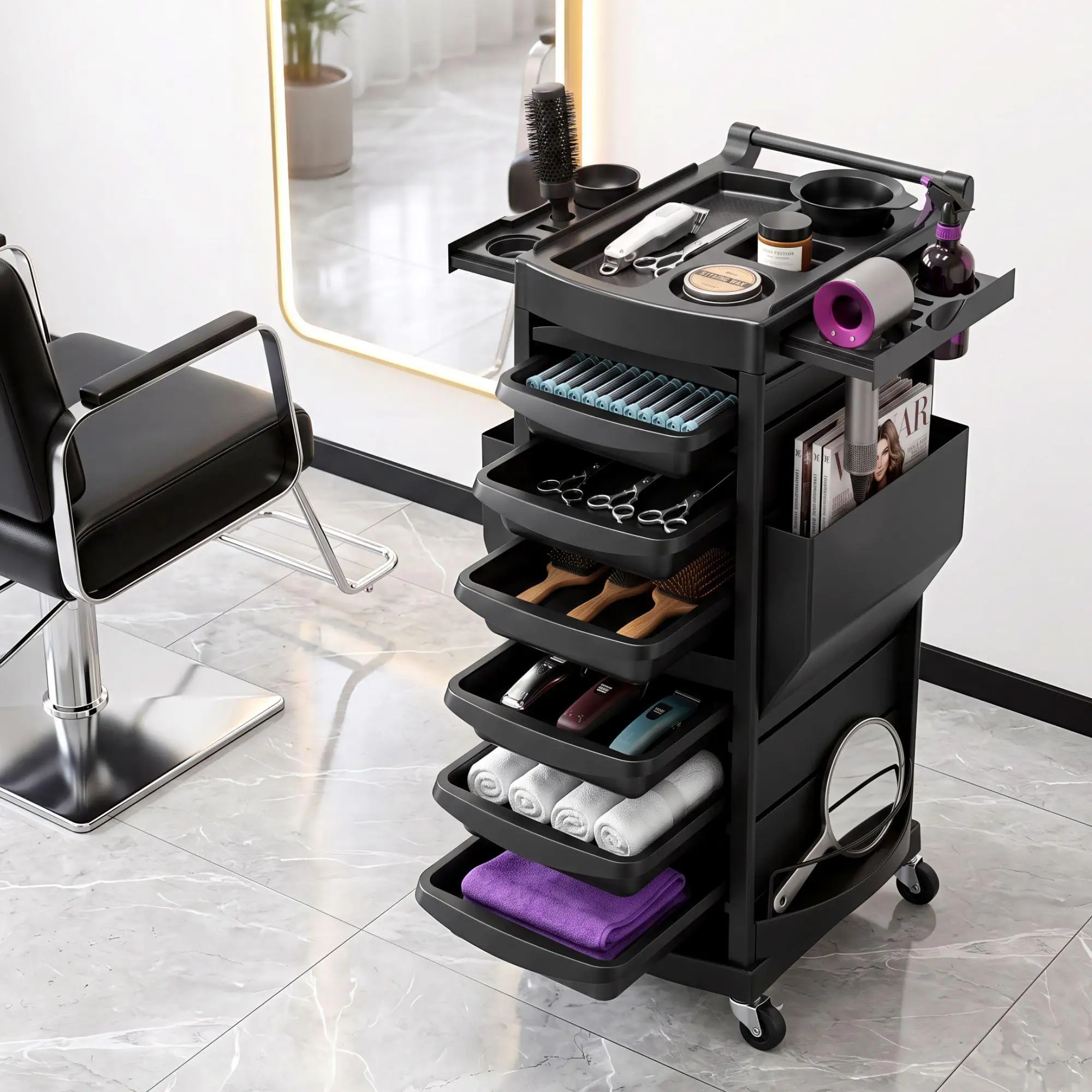 Salon Trolley with Lockable Doors 6 Tier Trays Mobile Hair Cart Black Rolling Storage Cabinet for Beauty Spa Salon Use