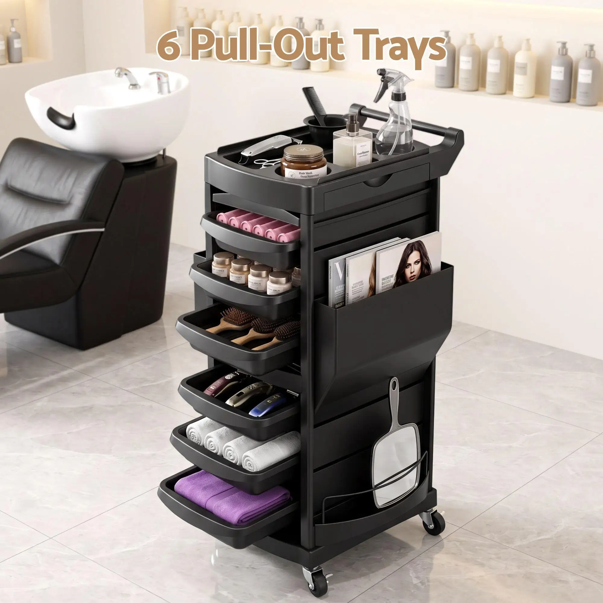 Salon Trolley with Lockable Doors 6 Tier Trays Mobile Hair Cart Black Rolling Storage Cabinet for Beauty Spa Salon Use