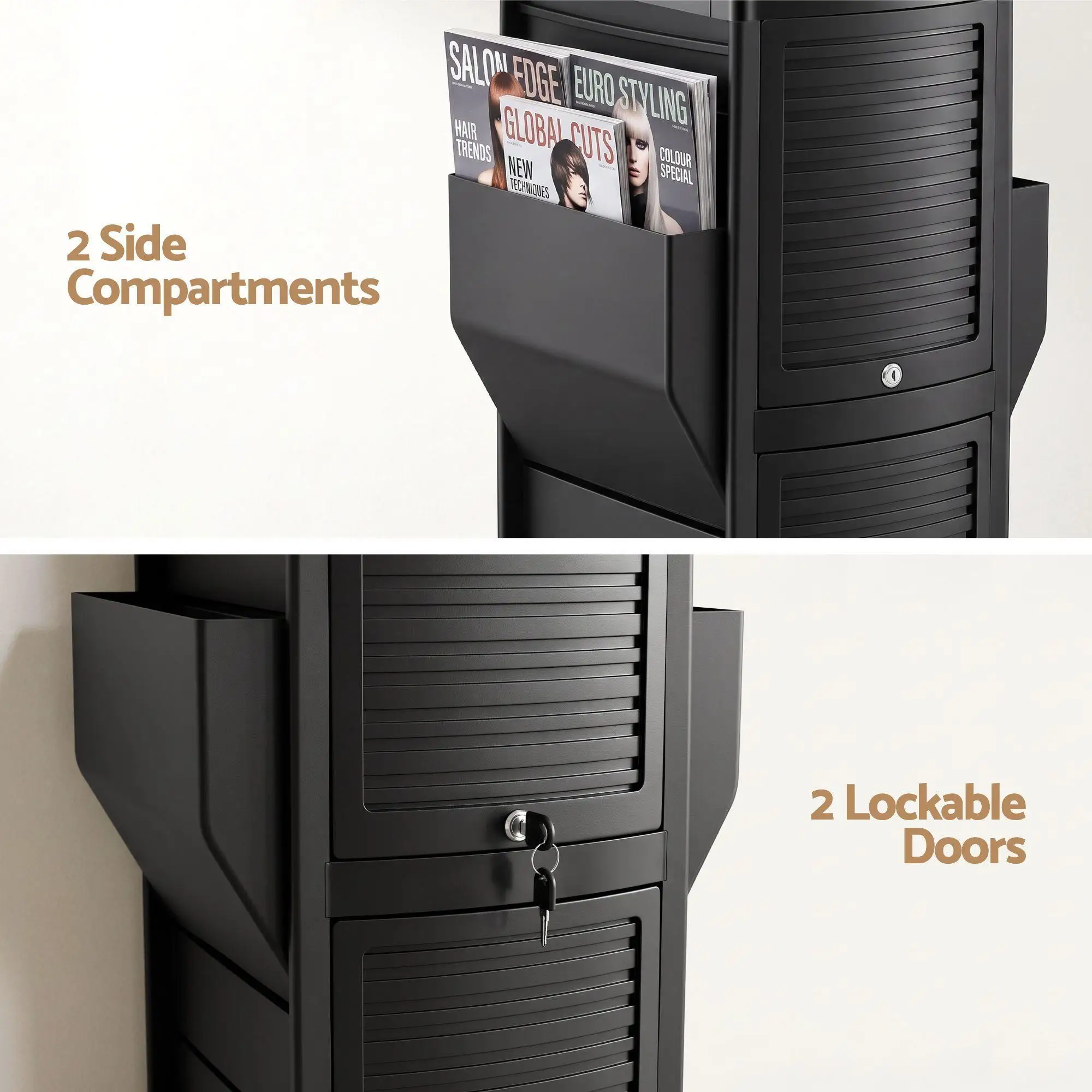 Salon Trolley with Lockable Doors 6 Tier Trays Mobile Hair Cart Black Rolling Storage Cabinet for Beauty Spa Salon Use
