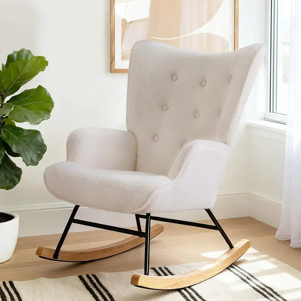 Modern White Boucle Rocking Armchair Nursery Nursing Chair Comfy Upholstered Accent Seat
