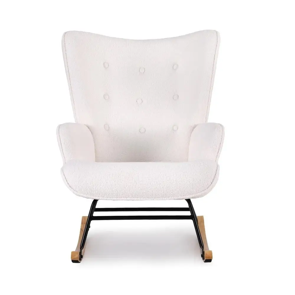 Modern White Boucle Rocking Armchair Nursery Nursing Chair Comfy Upholstered Accent Seat