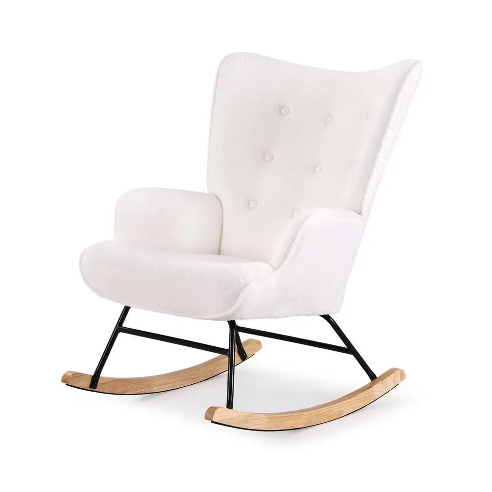 Modern White Boucle Rocking Armchair Nursery Nursing Chair Comfy Upholstered Accent Seat