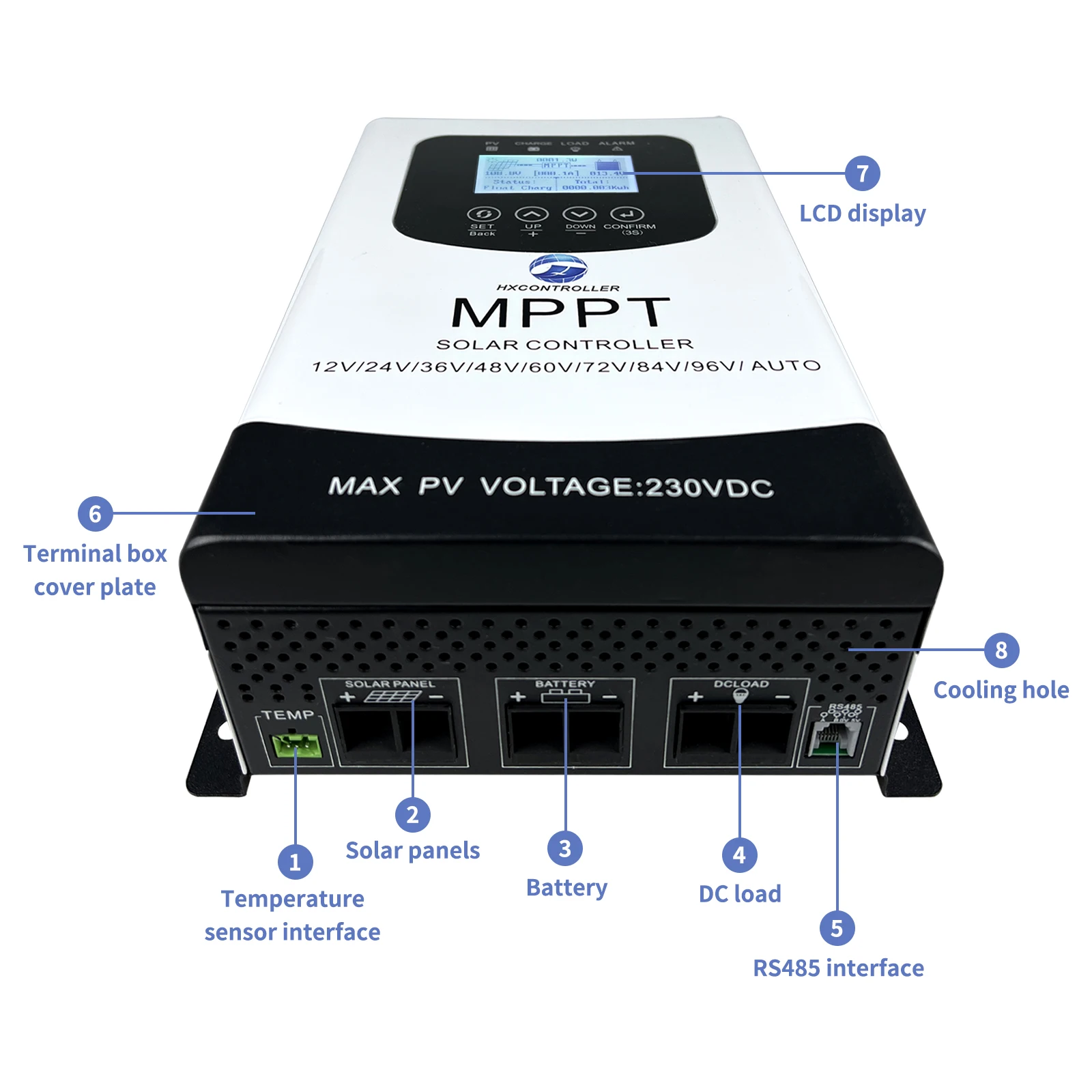 Fully Automatic PV MPPT Charge Controller, Solar Charger Compatible with Multiple Types of Storage Batteries, PV Regulator with RS485 Communication and LCD Touch Screen