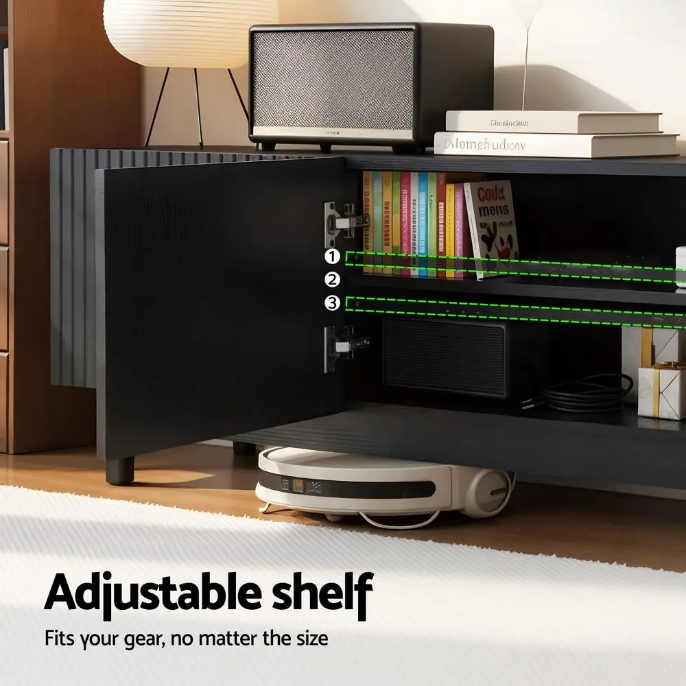 Modern 180cm Black TV Entertainment Unit Storage Cabinet for Living Room Media Console with Shelves and Closed Storage
