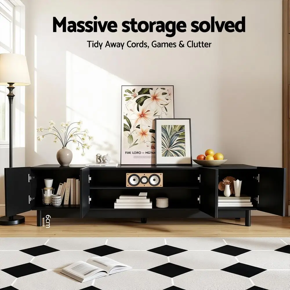 Modern 180cm Black TV Entertainment Unit Storage Cabinet for Living Room Media Console with Shelves and Closed Storage