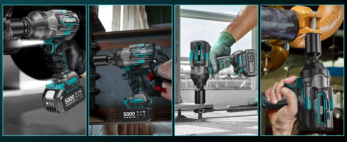 SEESII 1600Nm Cordless Impact Wrench Kit 3/4' High Torque Electric Impact Gun with 2x5.0Ah Batteries LED Light for Truck Heavy-Duty