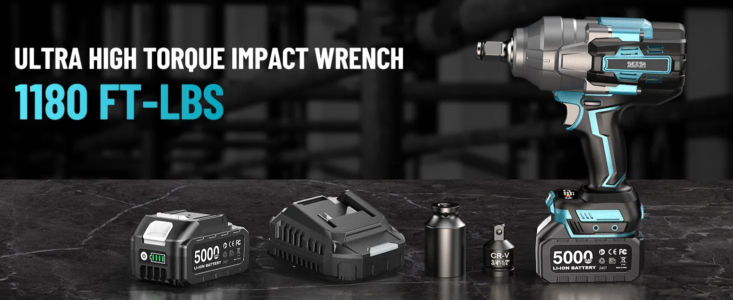 SEESII 1600Nm Cordless Impact Wrench Kit 3/4' High Torque Electric Impact Gun with 2x5.0Ah Batteries LED Light for Truck Heavy-Duty