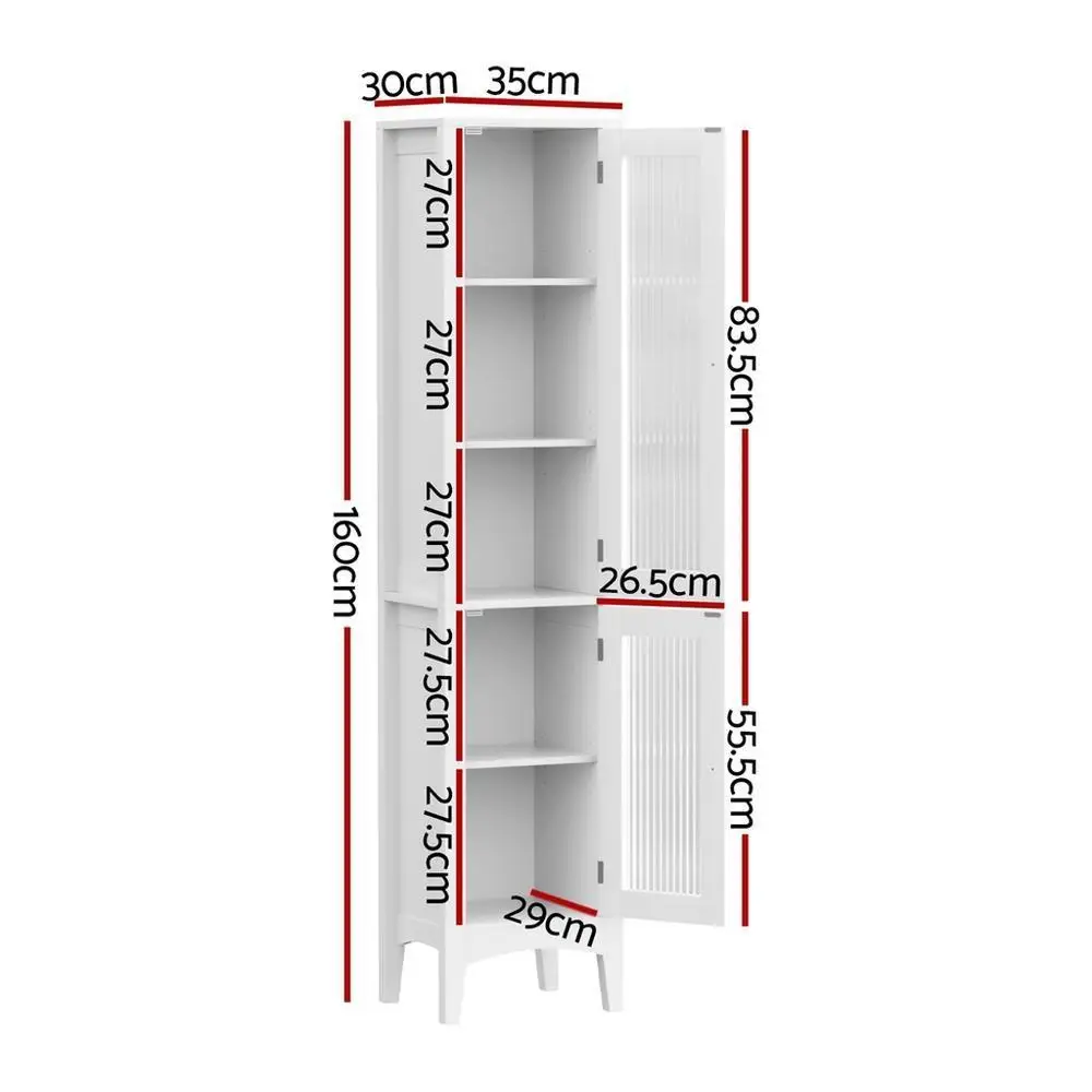 160cm Tall Slim Bathroom Storage Cabinet White Floor Cupboard With Glass Door Toilet Organizer Freestanding Narrow Storage Unit