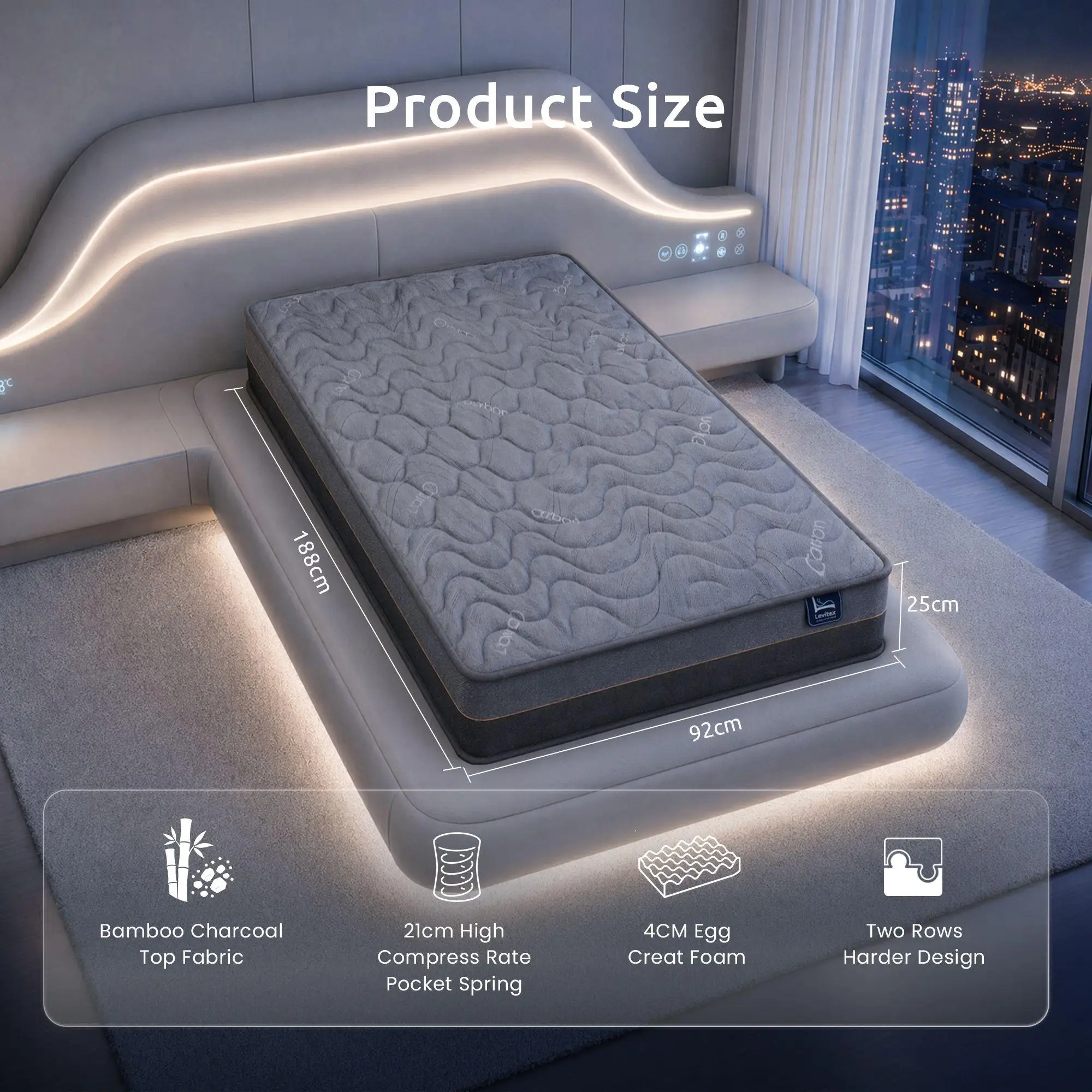 Single Mattress 25 cm Hybrid Pocket Spring with 4 cm Egg Crate Foam Bamboo Charcoal Fabric for deep Sleep Comfort Bed Mattress