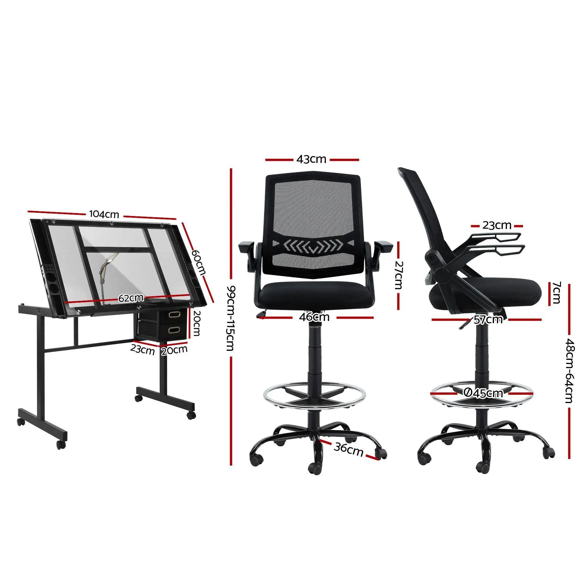 Adjustable Drawing Table with Ergonomic Office Chair Tempered Glass Desktop Removable Drawers Drafting Stool Height Adjustable for Art Painting Studio