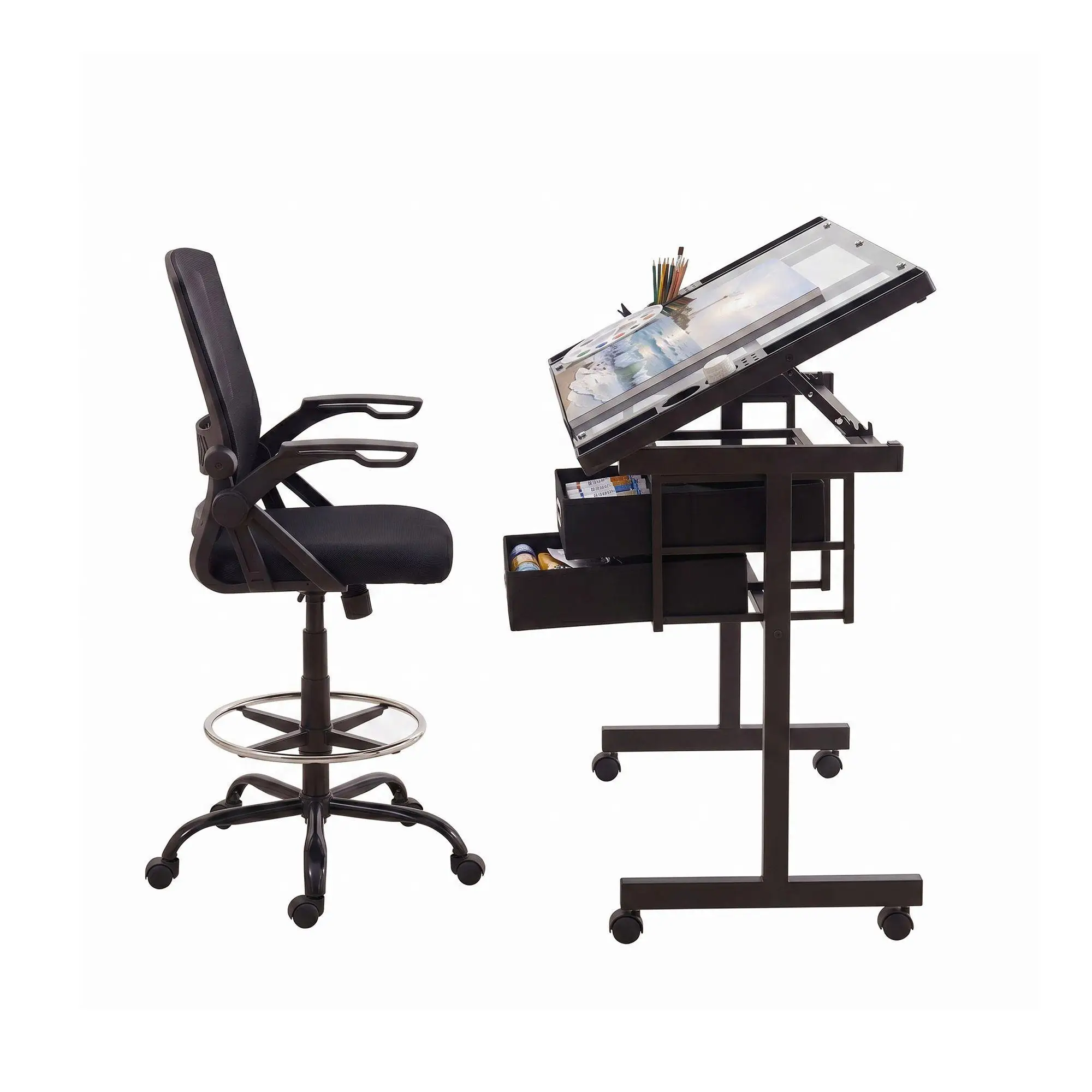 Adjustable Drawing Table with Ergonomic Office Chair Tempered Glass Desktop Removable Drawers Drafting Stool Height Adjustable for Art Painting Studio