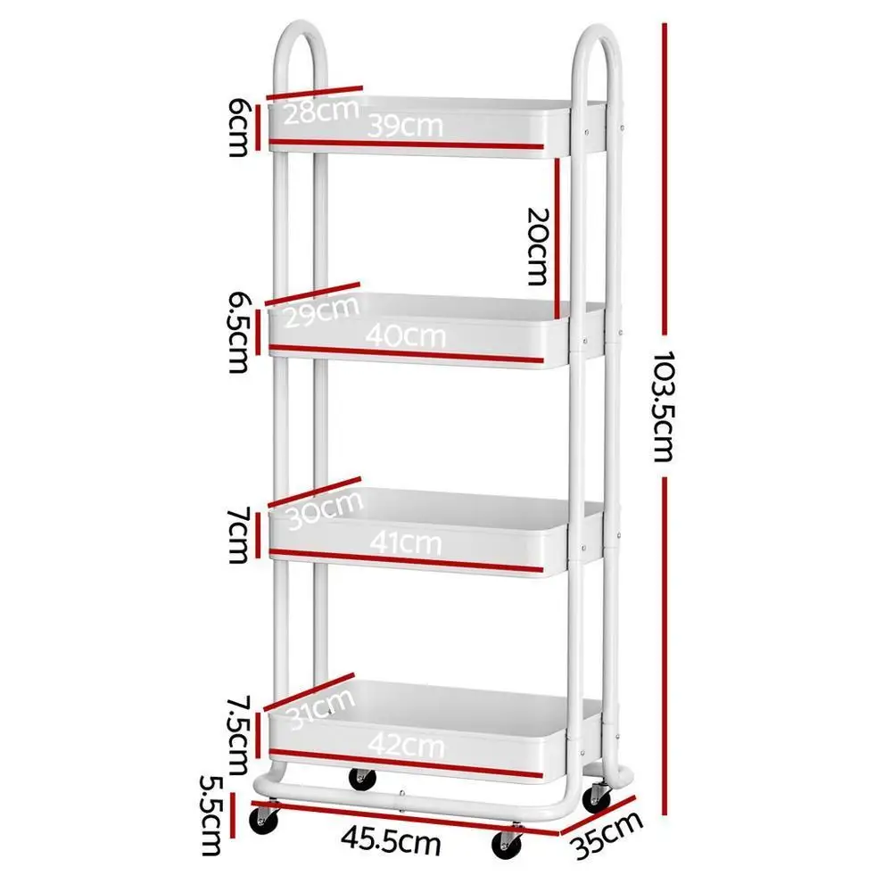 4 Tier White Kitchen Storage Trolley Cart Rolling Utility Organizer Shelf Metal Frame Mobile Storage Rack for Home Kitchen Bathroom Laundry