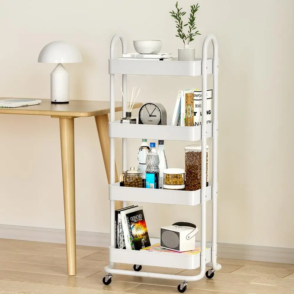 4 Tier White Kitchen Storage Trolley Cart Rolling Utility Organizer Shelf Metal Frame Mobile Storage Rack for Home Kitchen Bathroom Laundry