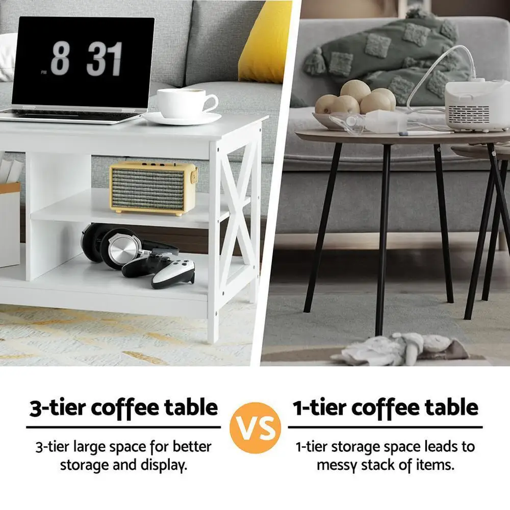 Modern White Coffee Table Storage Shelf for Living Room Compact Side Table with Open Shelves and Durable Wooden Design