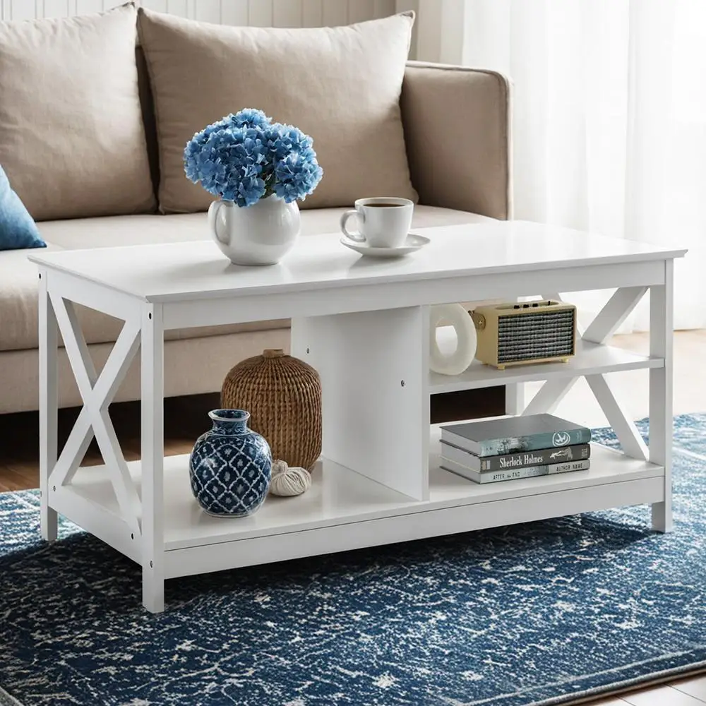Modern White Coffee Table Storage Shelf for Living Room Compact Side Table with Open Shelves and Durable Wooden Design