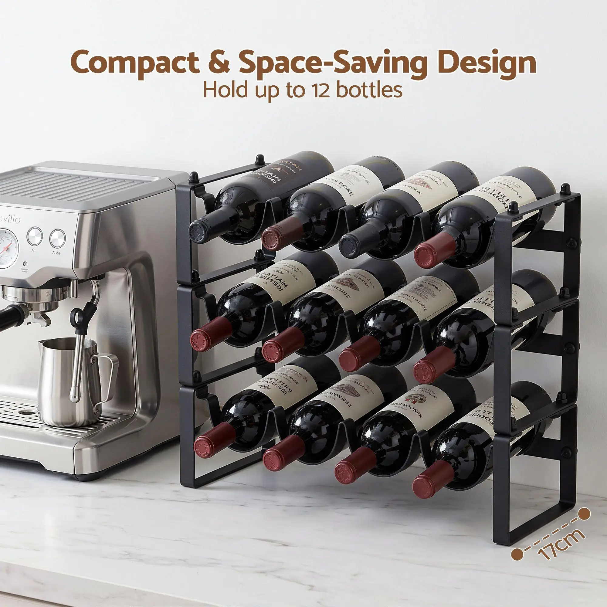 3 Tier Freestanding Metal Wine Rack for 12 Bottles Modular Countertop Bottle Display Shelf Black